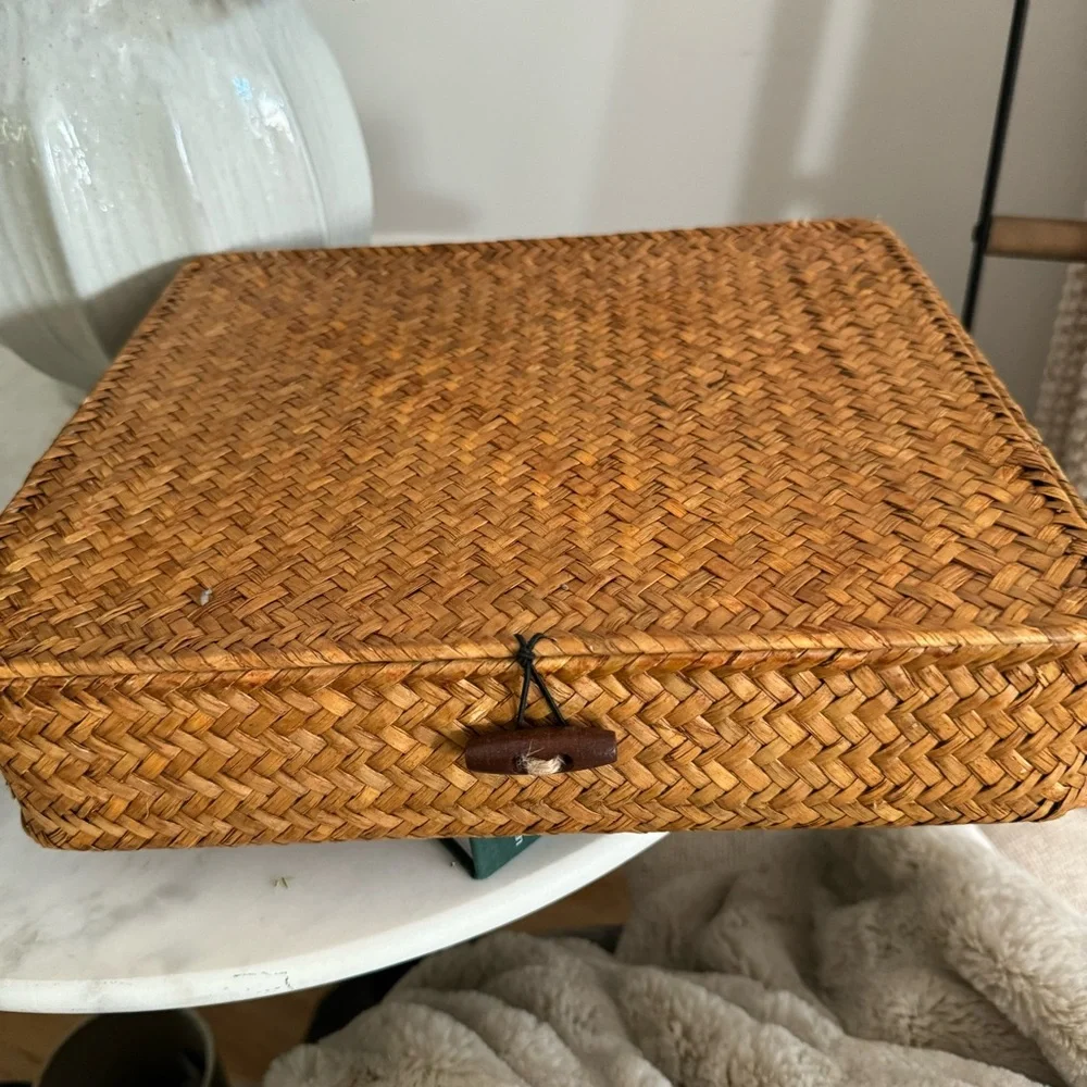 Set of 2 Flat Seagrass Storage Bins with Lid Woven Basket Home Office Organizer